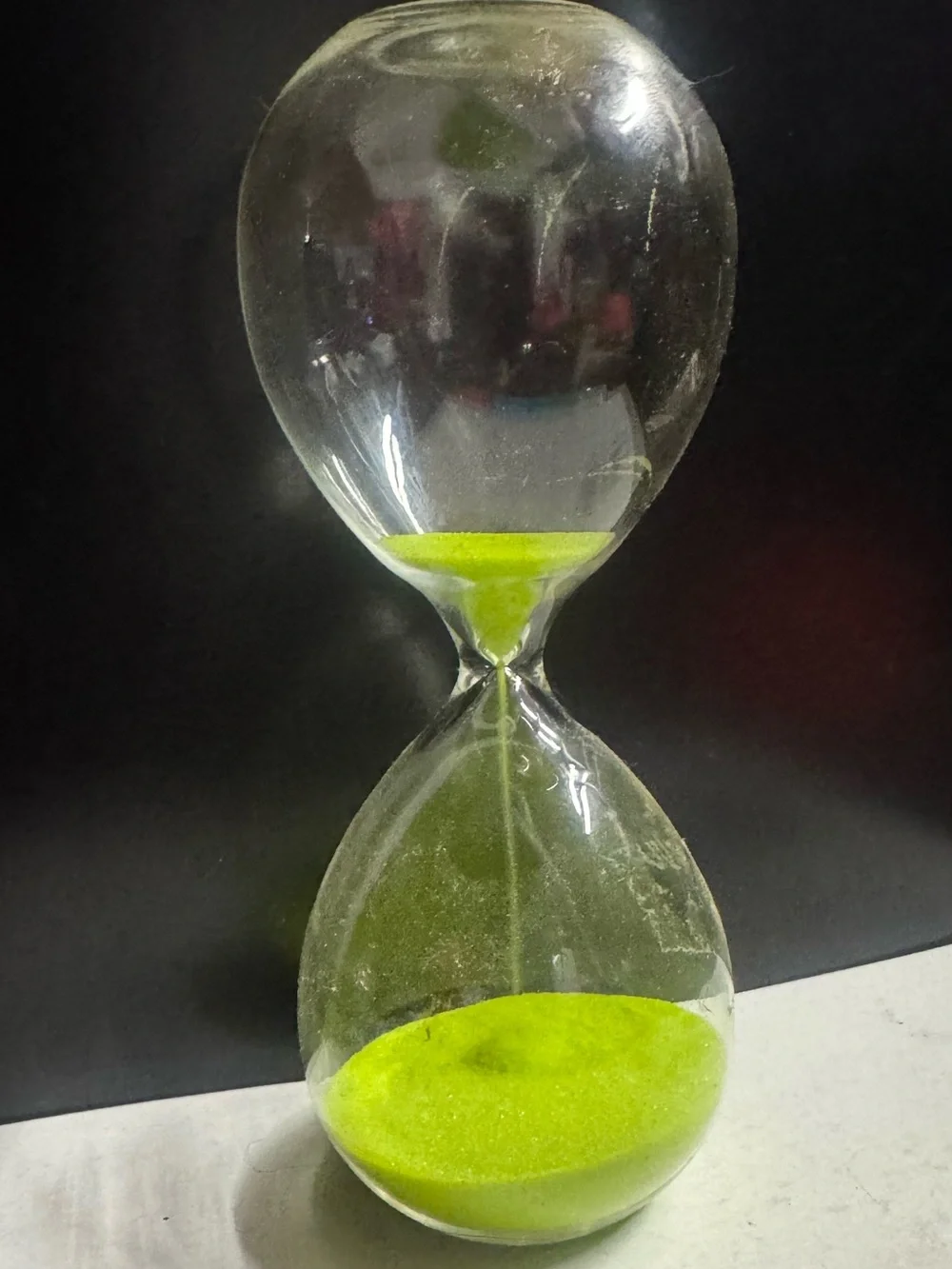 10 minute glass egg timer with lime green sand hour glass 8” tall